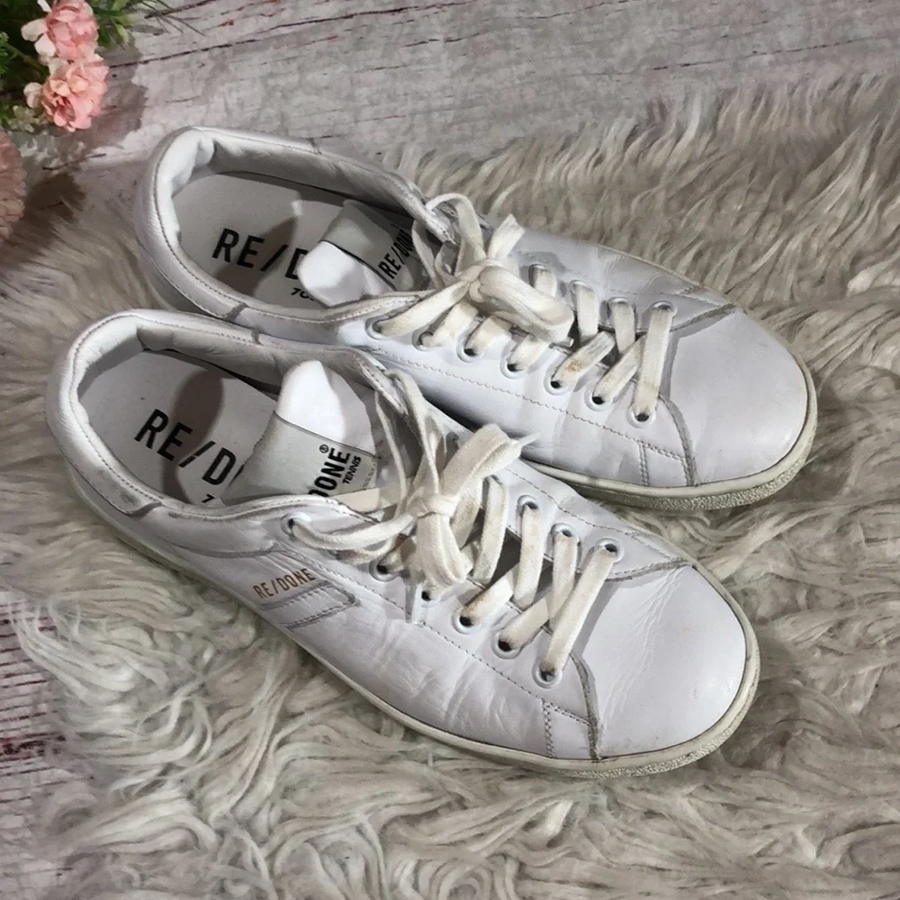 Re/done 70s Leather Tennis White Ankle Sneakers